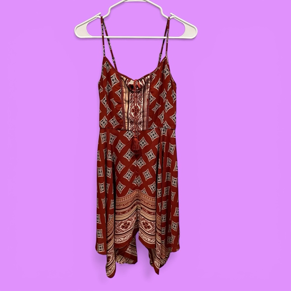 Cute boho aztec scarf hem deep cherry mini / midi dress pockets festival